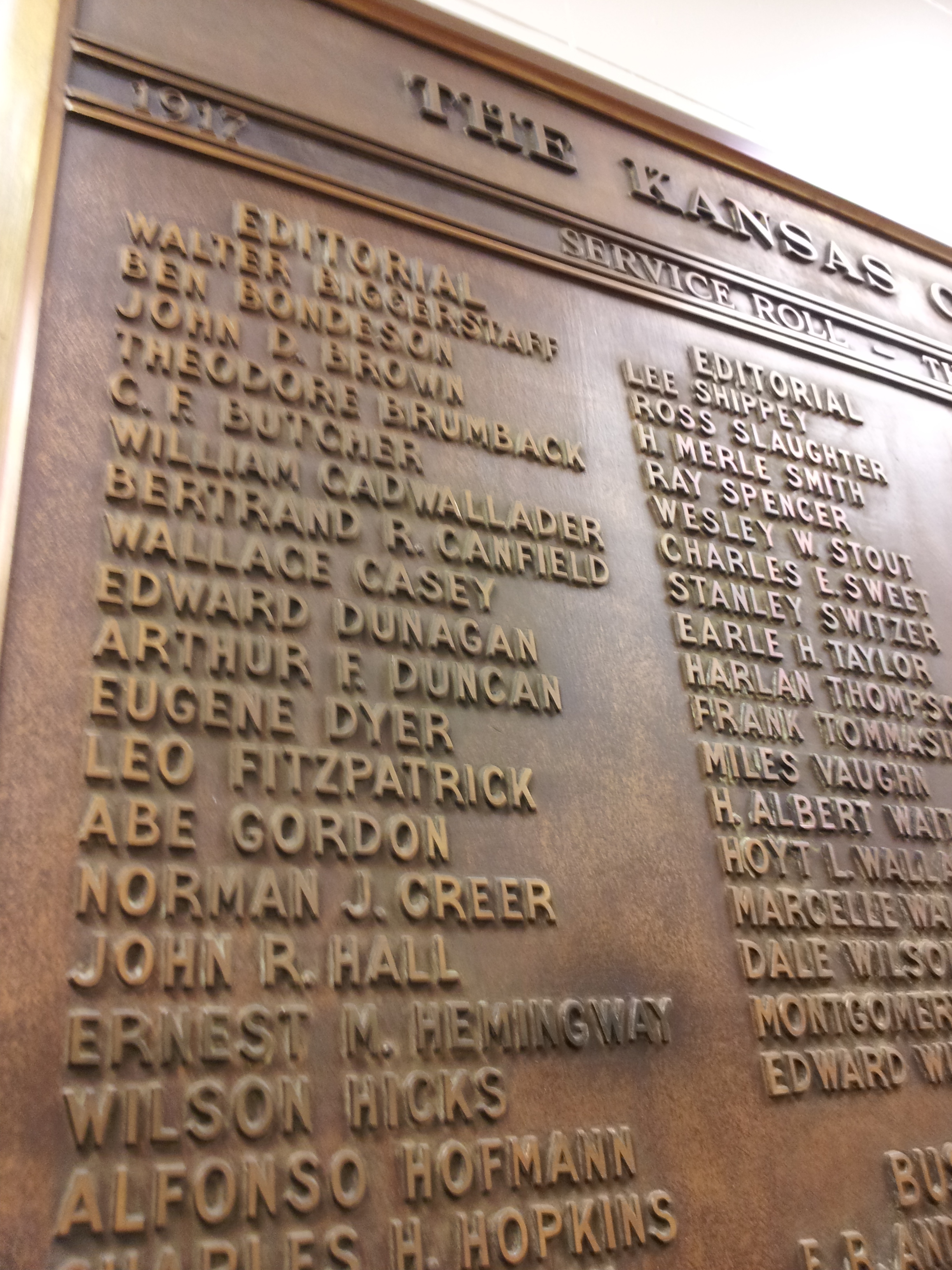 A WWI service plaque in the historic Kansas City Star building keeps the Hemingway link alive. I'll be curious to know where the plaque will go when a new owner takes over the building.. 