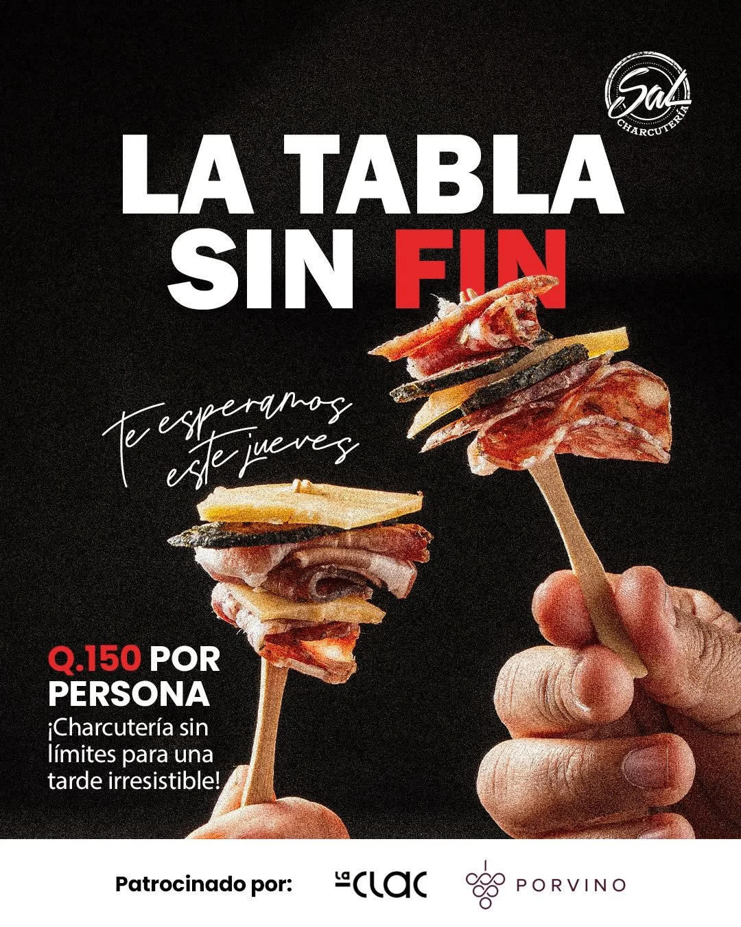 🧀 Jueves de "La Tabla Sin Fin"
Q150 por persona, desde las 5PM. Todo lo que puedas comer de charcuter&iacute;a.
Sin l&iacute;mite. Sin apuro. Solo buena charcuter&iacute;a servida seg&uacute;n la inspiraci&oacute;n del chef &mdash; porque 