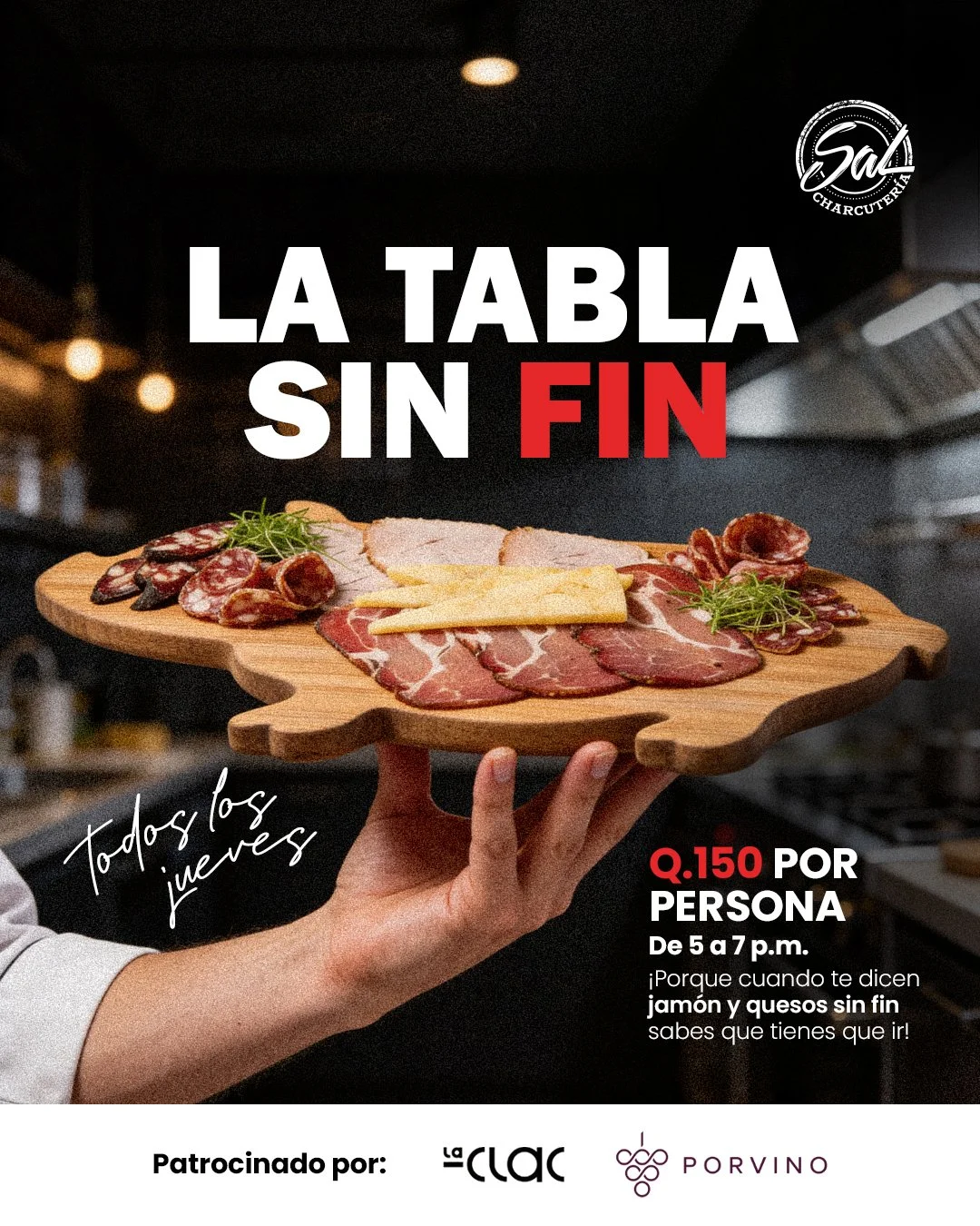 Jueves de Tabla Sin Fin
Q150 por persona y la mesa no para 🔥
Charcuter&iacute;a para picar, compartir y seguir pidiendo&hellip; sin l&iacute;mite y sin prisa. 
&rarr; Bebidas del men&uacute;
 &rarr; Lo dem&aacute;s&hellip; que siga llegando 😏
Jueve