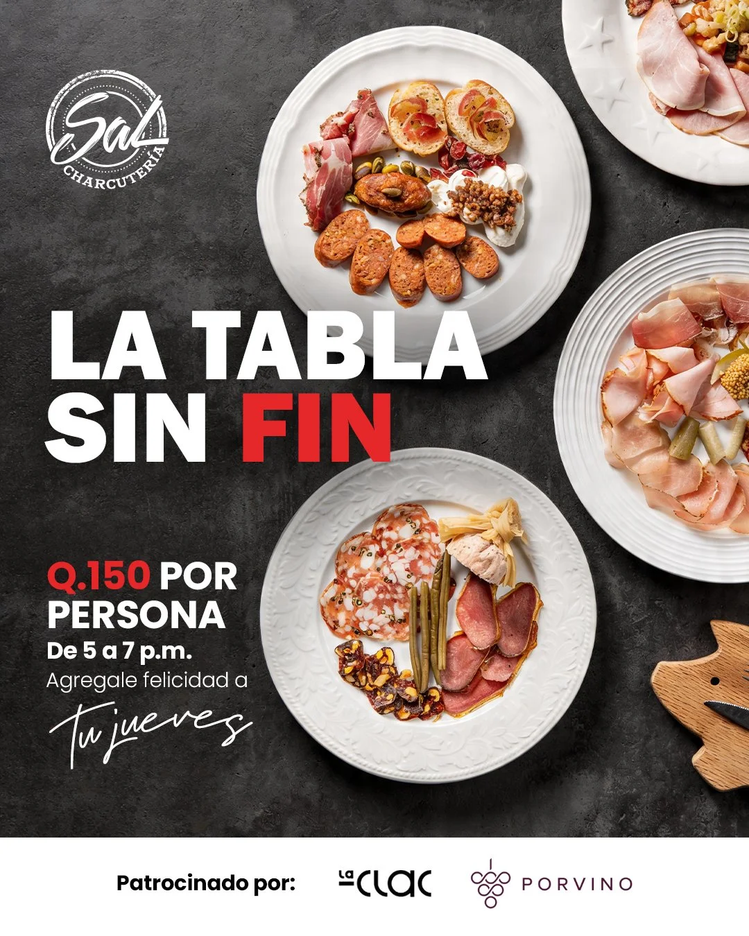 La felicidad se vive los jueves 😏🔥
 Q150 por persona y la Charcuter&iacute;a no deja de llegar a la mesa.
&rarr; Bebidas del men&uacute;
 &rarr; Lo dem&aacute;s&hellip; que fluya
Jueves de 5 a 7 pm.
 Reserva por DM y ven&iacute; a vivirlo.

@laclac