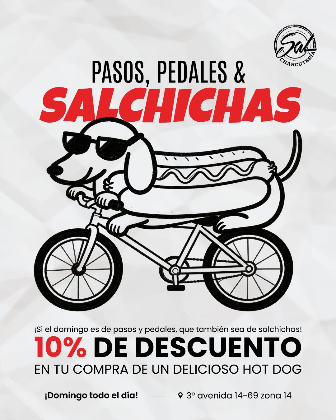 &iquest;Y si este domingo hacemos algo diferente? 
 Pasos y Pedales, una vuelta tranqui&hellip; y terminar comiendo algo rico.
Mejor a&uacute;n con un 10% de descuento en hot dogs 
Elige tu favorito: Danger Dog, Coney Island, Chicago&hellip; o repet&