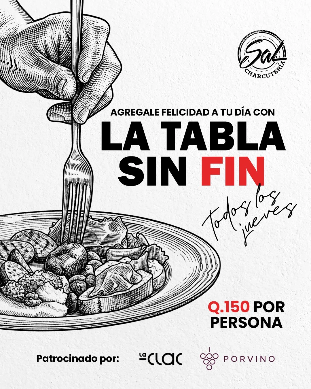 La excusa favorita para salir entre semana 😏🔥
Q150 por persona con charcuter&iacute;a ilimitada por 2 horas.
&rarr; Bebidas del men&uacute;
&rarr; Buena vibra toda la tarde
Te esperamos todos los jueves de 5 a 7 pm.
Reserva por DM.