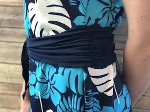 Scarf Belt, gathered at center, attached at side, ties on the side. Ladies width 5" Girls Width 3"