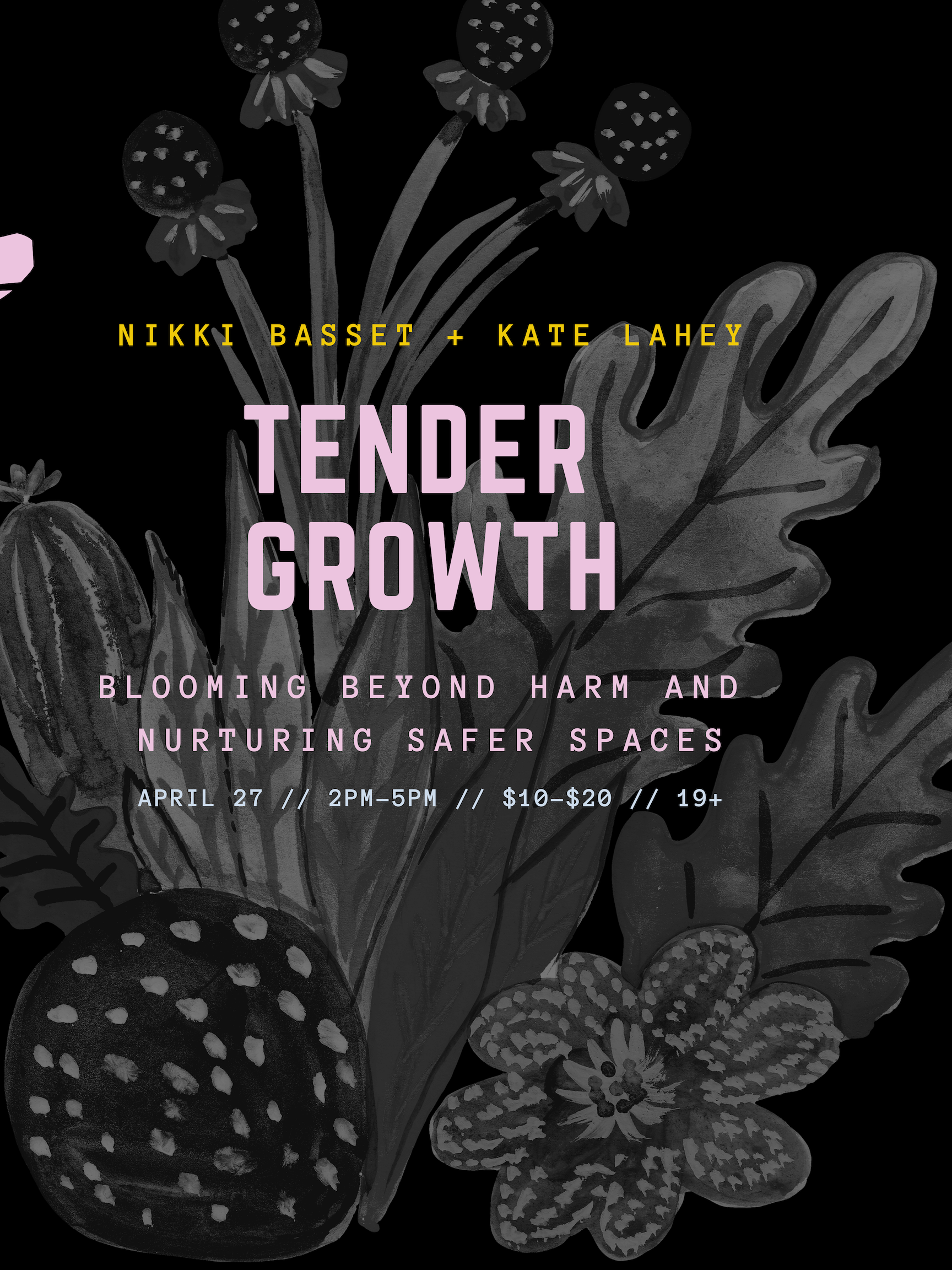 A poster with black and white drawings of flowers and leaves. Details of this workshop are written in colourful lettering.