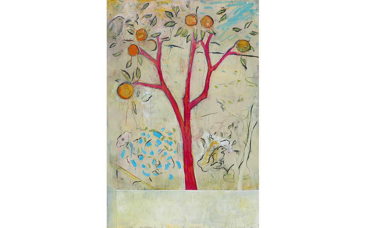 Orange Tree with Birds and Blue Bush