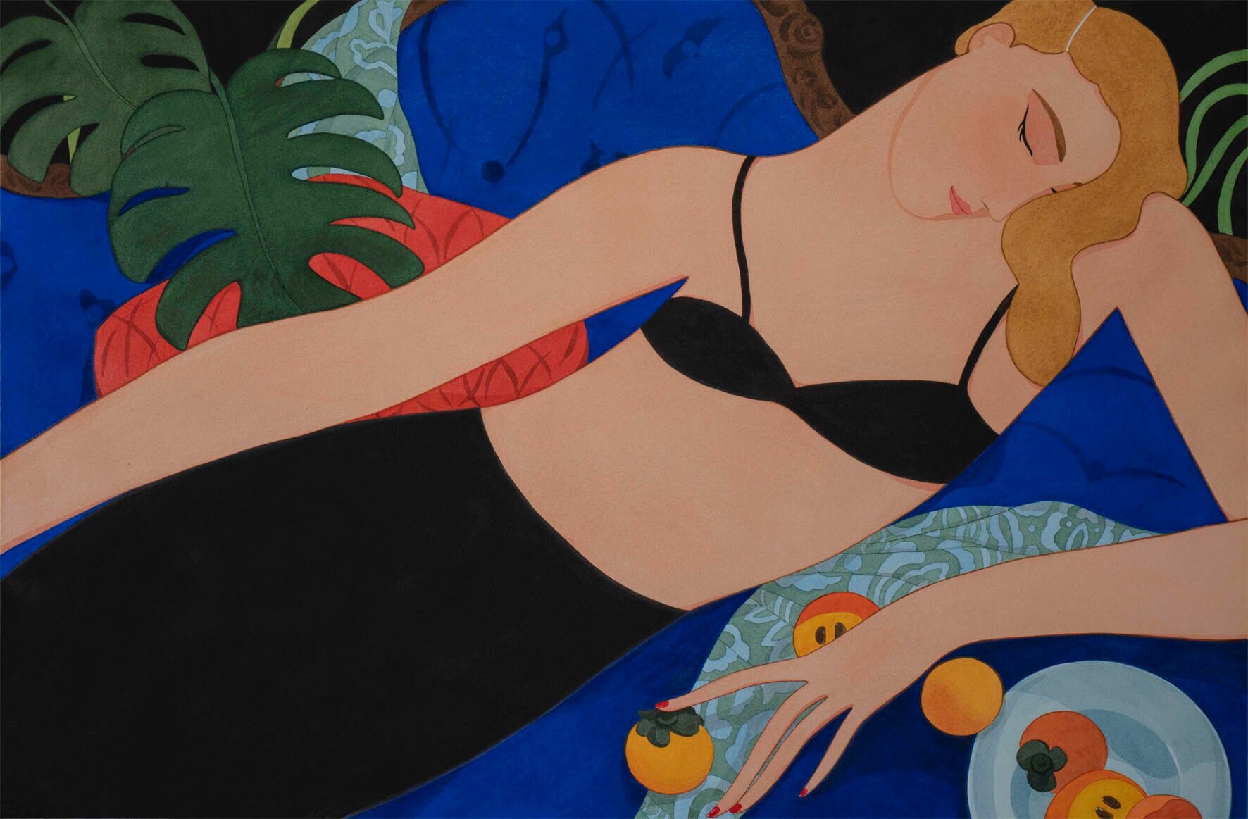 "Bored Lady with Persimmons" watercolour, 95x80 cm, 2019