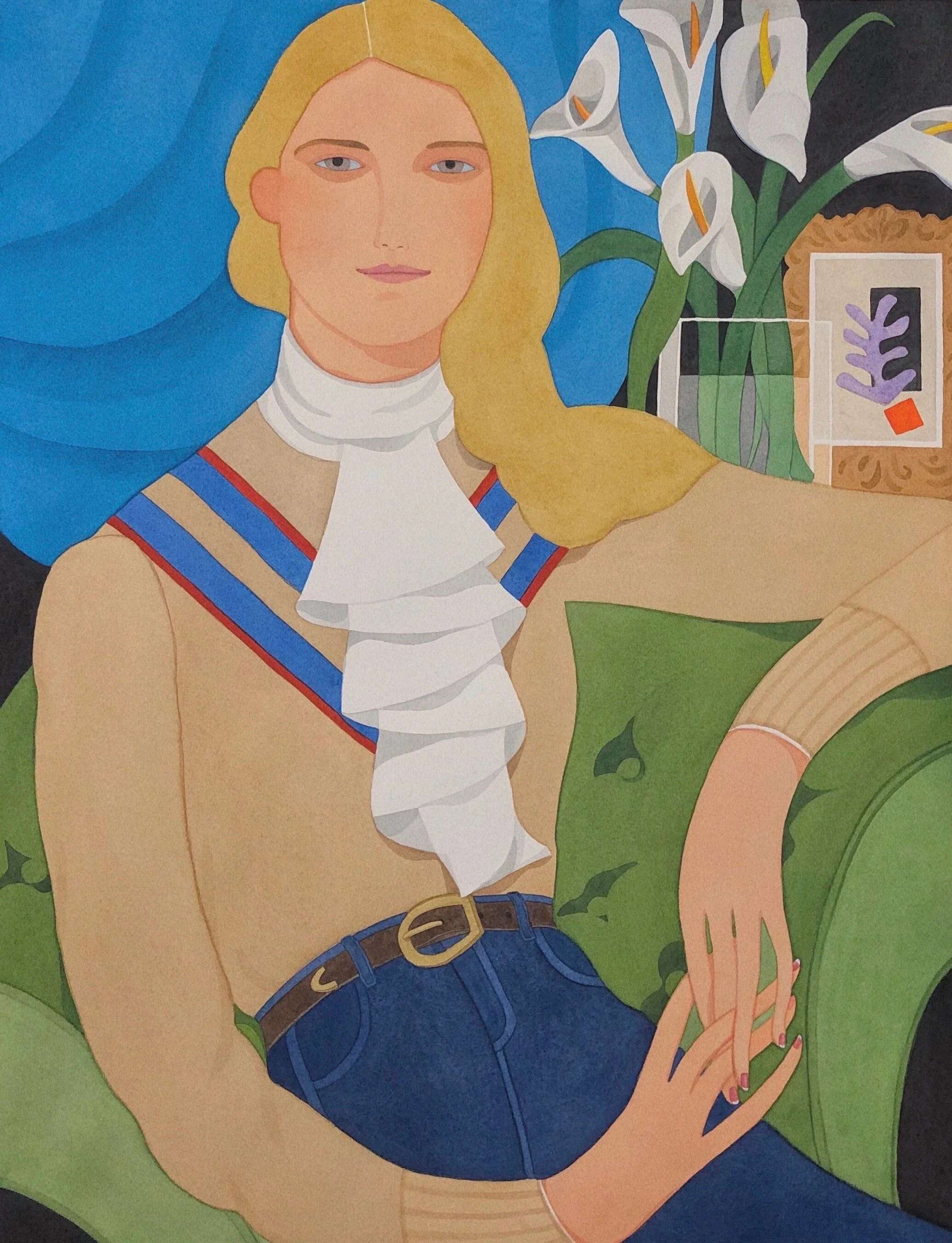 "Lady sitting in the Chester chair" (Commissioned portrait), 75x60 cm, watercolour, 2019  