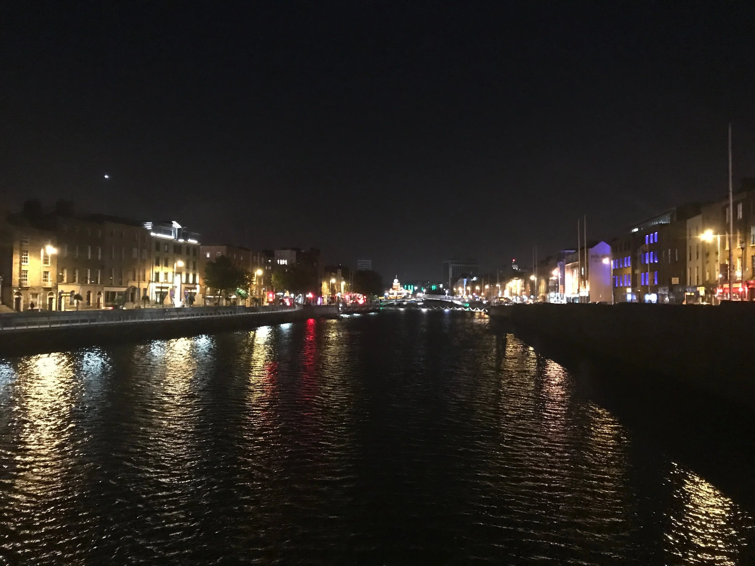 Overlooking the River Liffey at night.