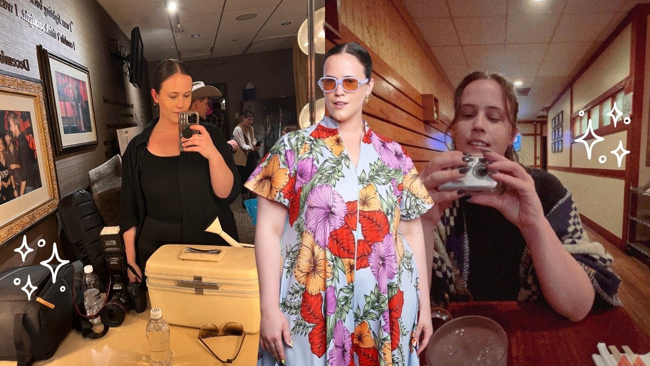 Our founder taking a mirror selfie during an event, a woman in colorful floral dress posing in the center, and a woman with curly hair holding a camera at a wooden-paneled restaurant or café.