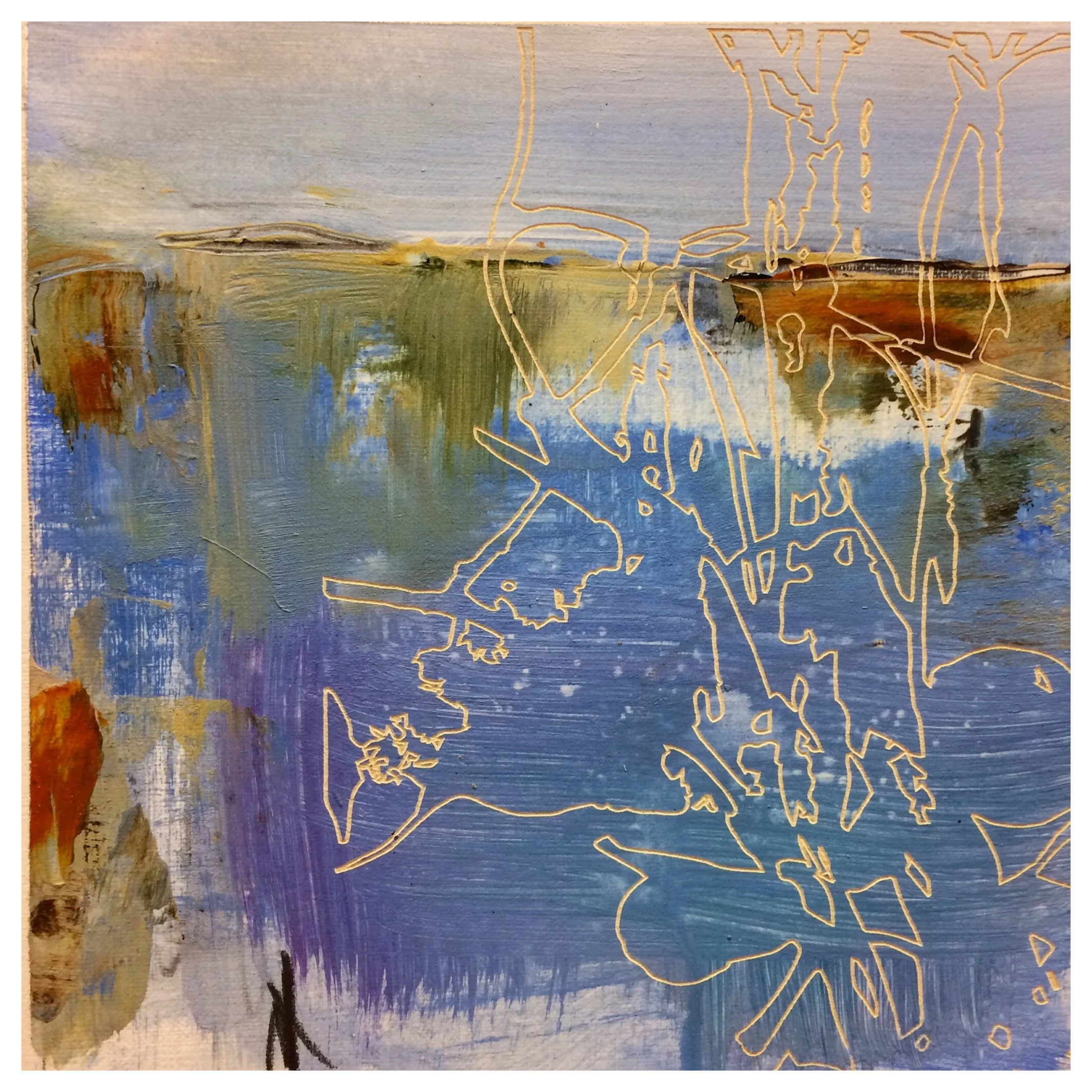 works on linen paper-"white petals on blue"