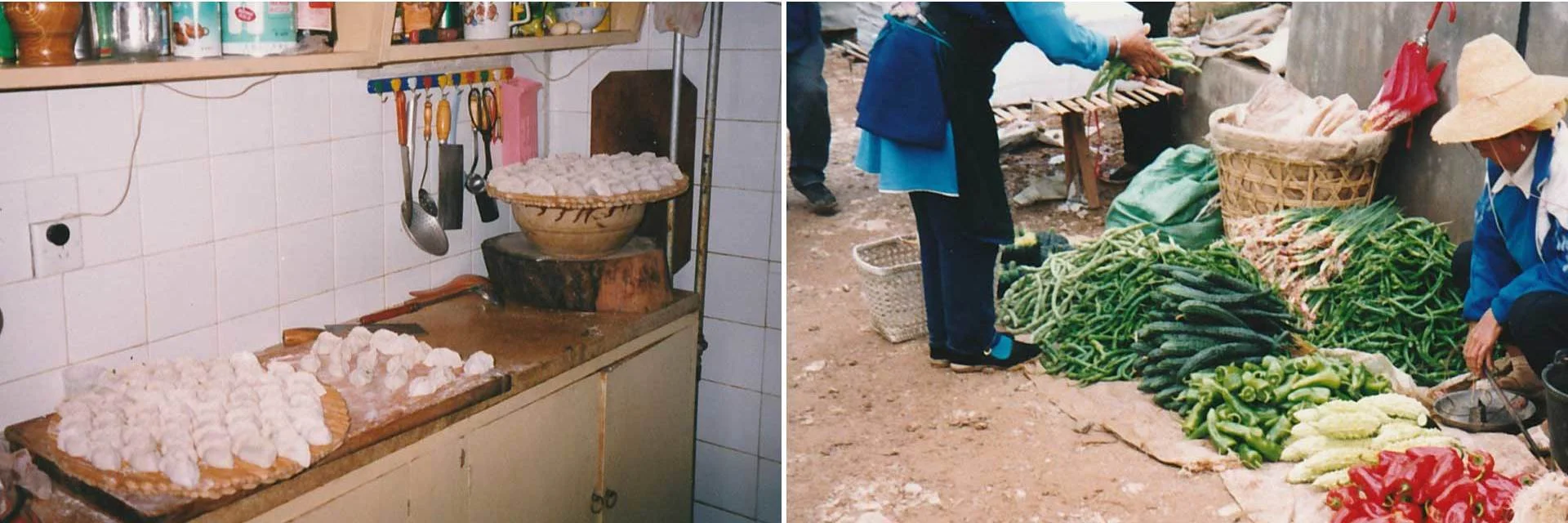 Natascha Hess’s Chinese Host Family’s Kitchen filled with dumplings and at a street market in rural Kunming, China.