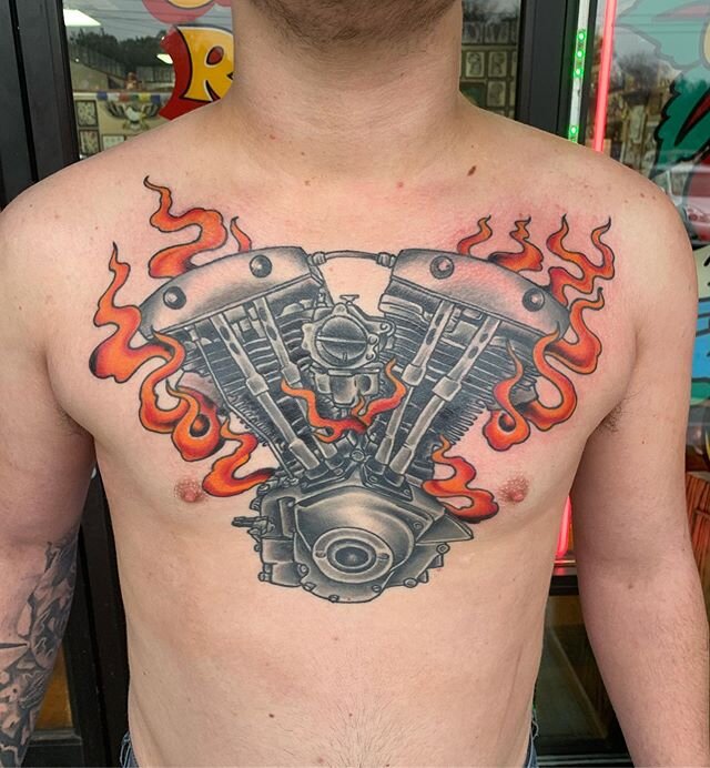 Finished up the flames on Carson&rsquo;s chest today @jollyrogertattoos I fuckin love tattooing motorcycle stuff
