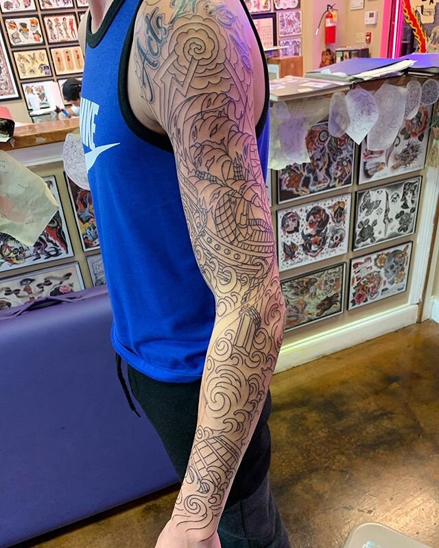 Sleeve started for my new buddy Kevin. Based off a scripture he sent me. I don&rsquo;t know shit about the Bible but I know this one has started out pretty fun. Thanks Kevin. @jollyrogertattoos