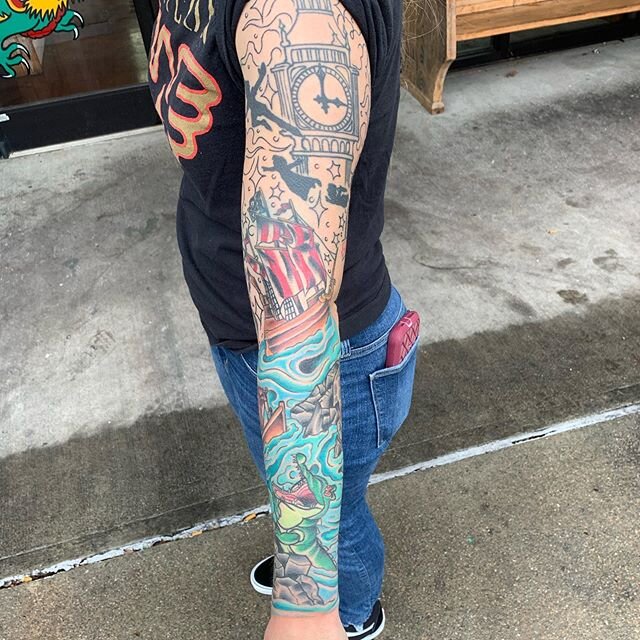 Progress for Nicole&rsquo;s sleeve. Peter Pan... still never seen the god damn movie but it&rsquo;s been fun making this one. @jollyrogertattoos