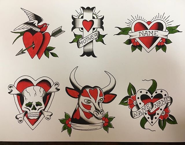 Some valentines flash I painted for you 💕 come get a specially priced heart tattoo all of February! Call or come by the shop (678)834-5312 or Email marivandaford@Gmail.com Designs by Doc King, Bert Grimm, Rosie Camanga.
