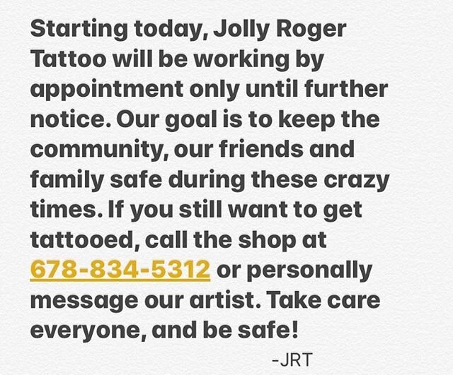 For everyone&rsquo;s safety we decided to be appointment only. Shoot us a message if you&rsquo;re trying to get something done. Unless you&rsquo;re stick then STAY HOME!!!