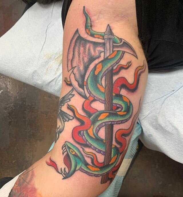 *NOT BY ME* big one finished on my arm by @cld775 Get tattooed by him, he does real good snakes like thissssssssss 🐍🐍🐍 thanks dawg !