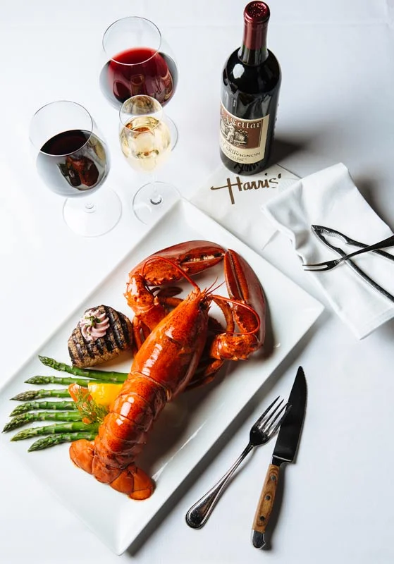  Steak, seafood and wine and Harris’! 