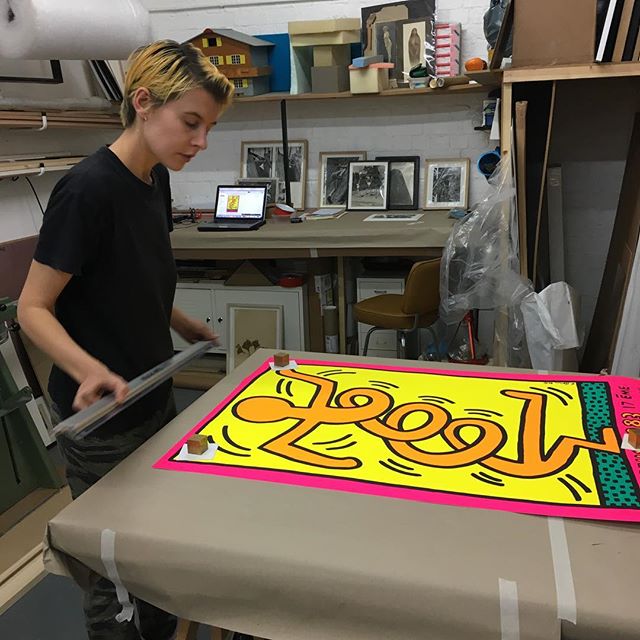 in the studio // an original keith haring about to be framed