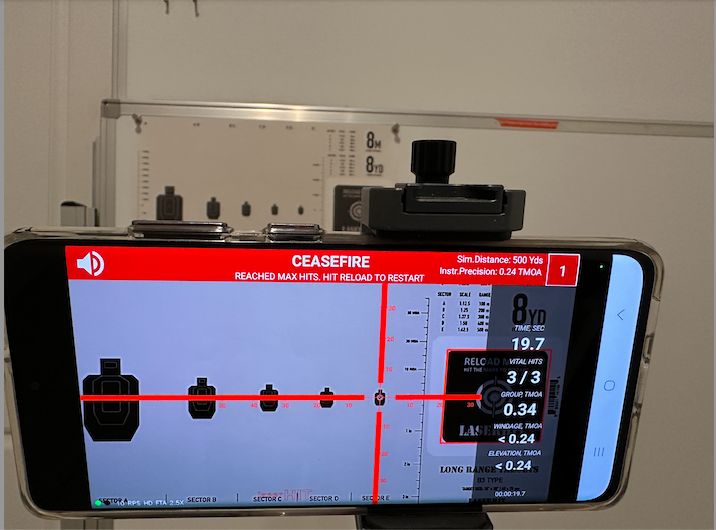 LaserHIT Free Target Advanced practice on Android showing multiple rifle targets, shot groups, stage results, and a recreated 500-yard training setup.