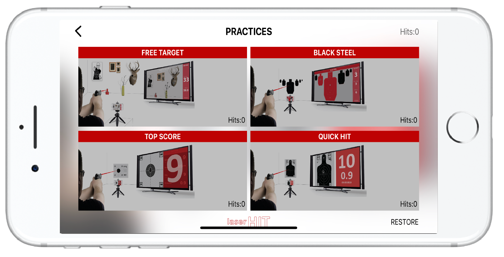 LaserHIT mobile app Practices screen showing Free Target, Black Steel, Top Score, and Quick Hit training modes