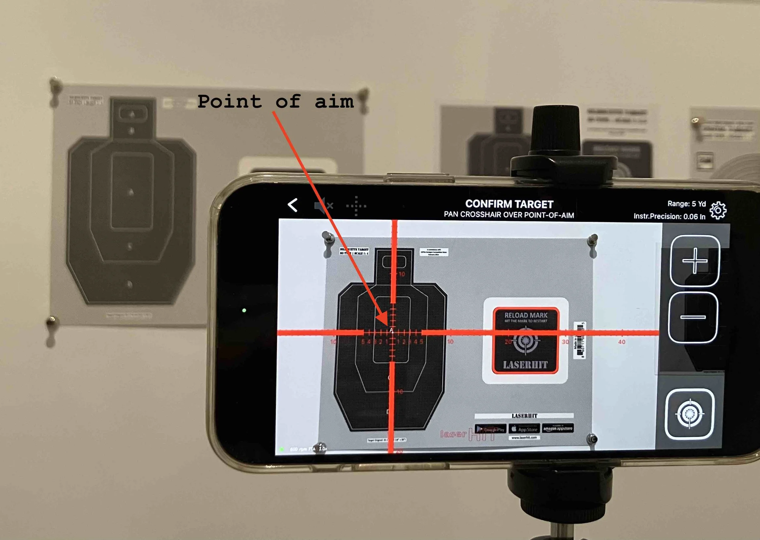 LaserHIT Express Setup step 2 for accuracy drills showing the crosshair positioned on the point of aim to confirm the reference location