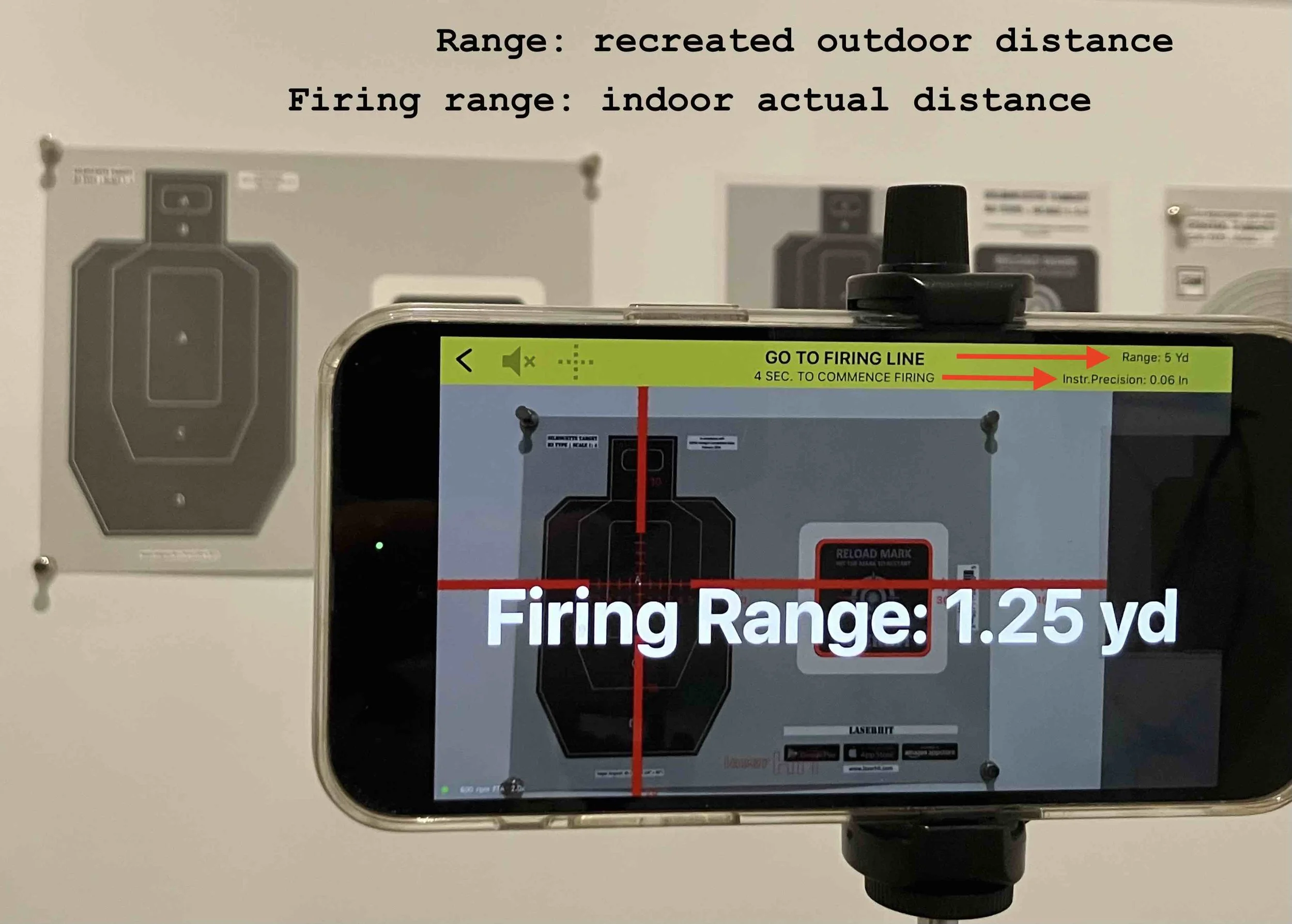 LaserHIT accuracy drill start screen showing recreated outdoor range distance and calculated indoor firing range distance during stage setup