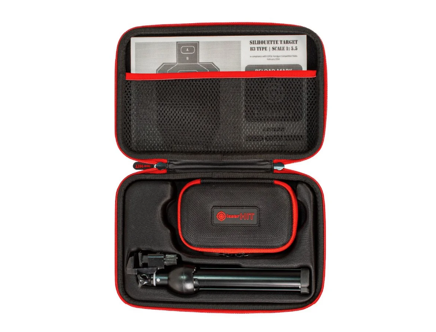 LaserHIT Classic dry fire training kit with laser cartridge, tripod, targets, Wireless X, and protective carrying case.