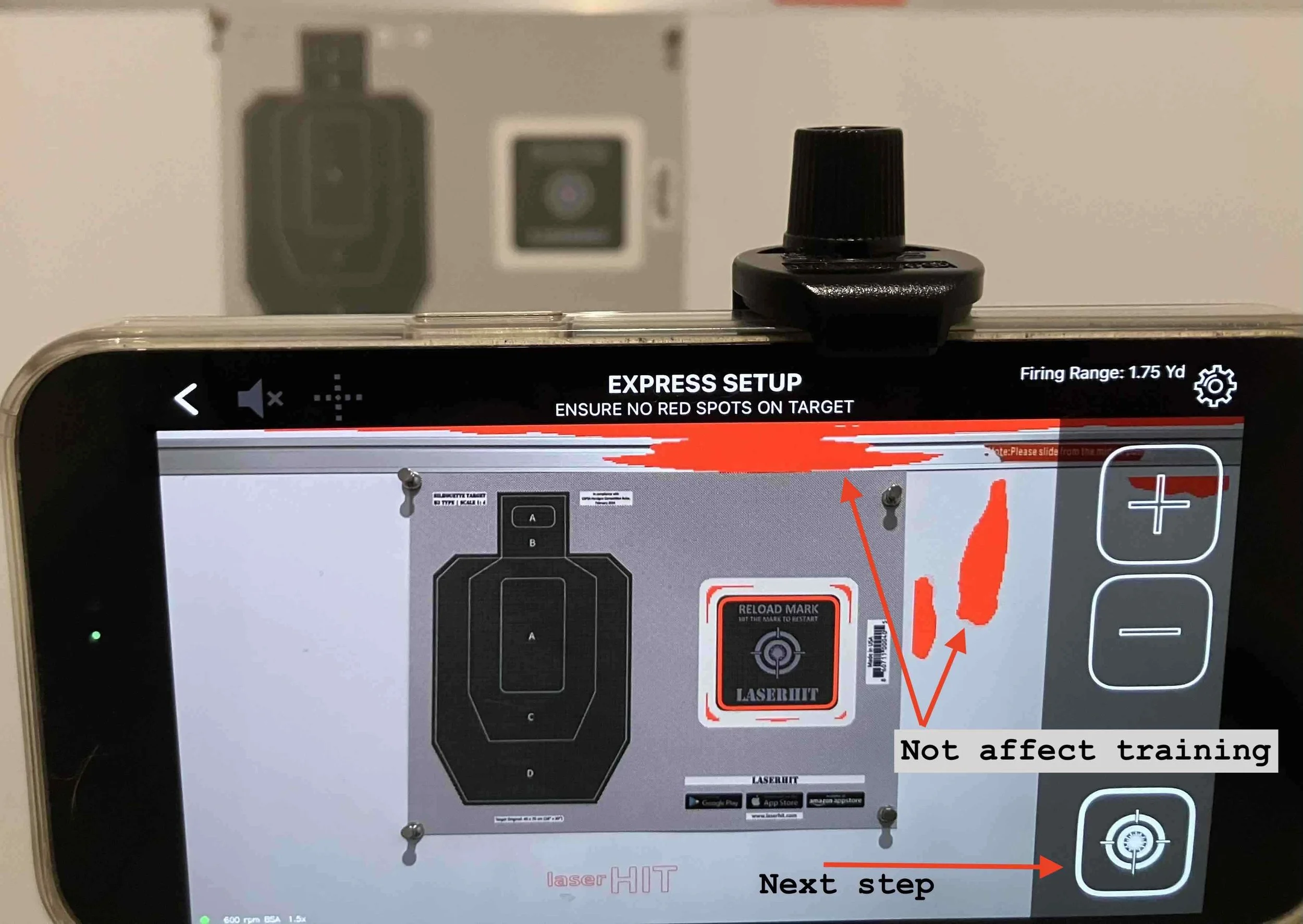 LaserHIT Failure Drill L1 Express Setup with B3 target detection, ignored red areas, and Reload Mark before training start