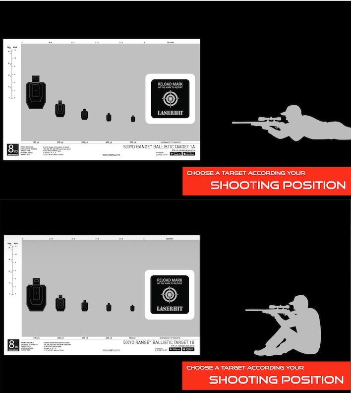 LaserHIT 500 yd Range Ballistic target sheets 1A Prone and 1B Sitting with five scaled targets and shooting positions.