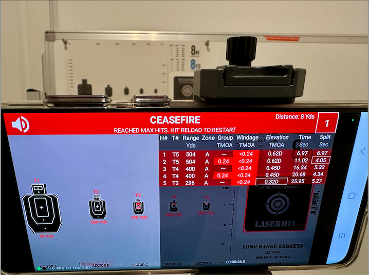 LaserHIT Black Steel Advanced on Android displaying multiple recreated rifle distances, target hits, split times, and stage performance results.