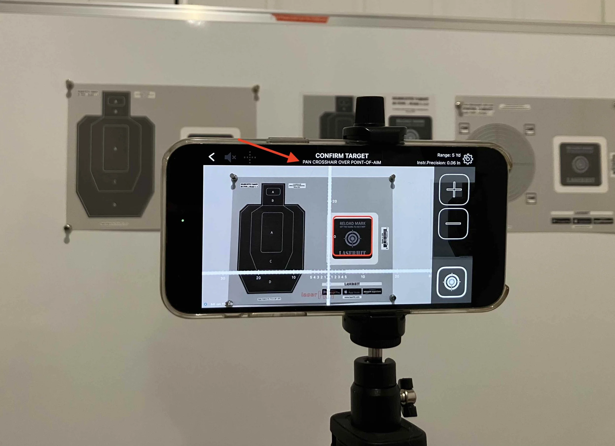 LaserHIT Express Setup step 2 for accuracy drills showing the crosshair being panned over the point of aim to set the reference position