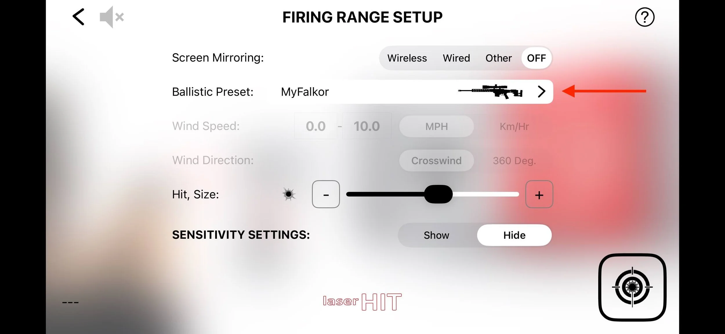 LaserHIT Firing Range Setup screen showing selected ballistic preset.