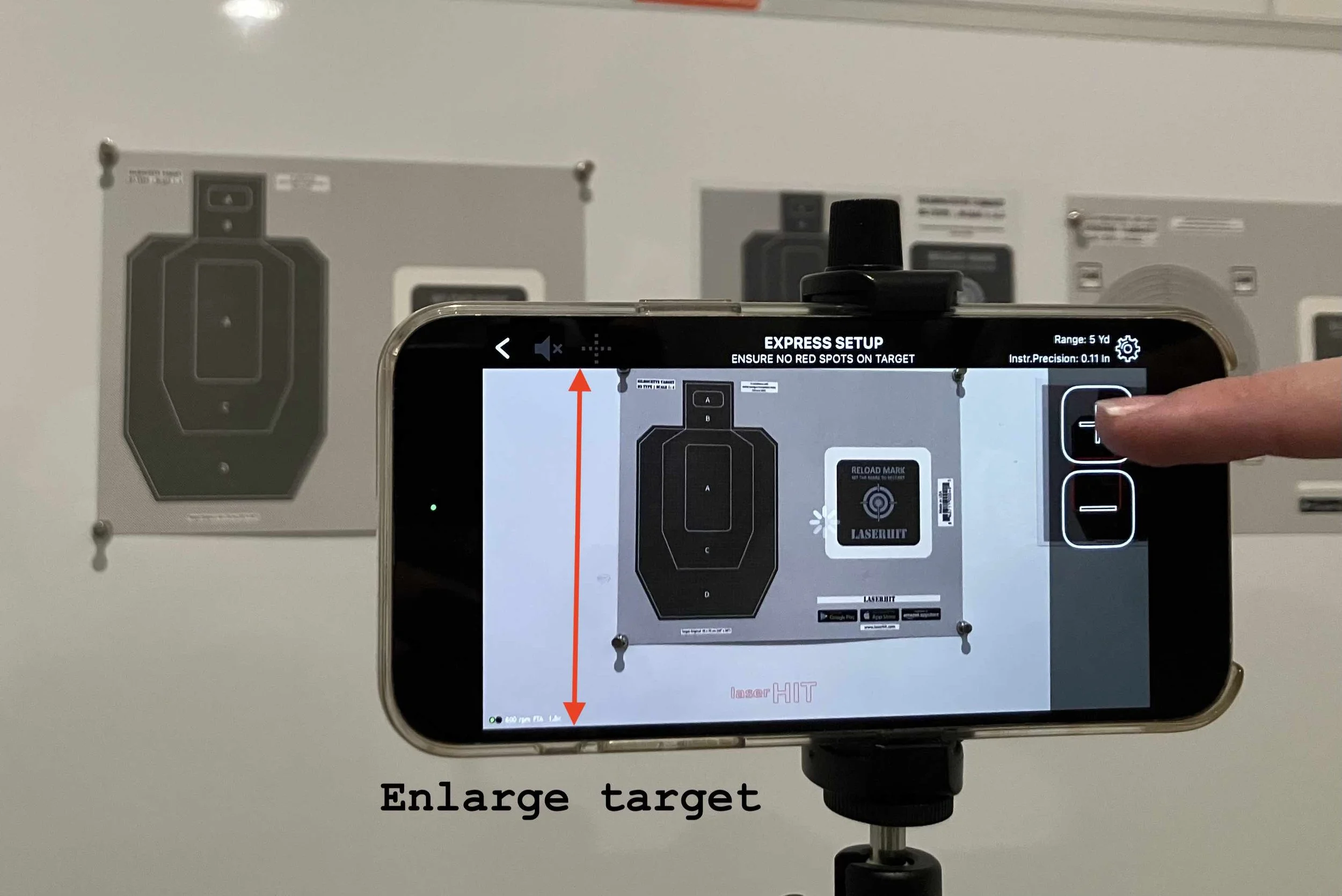 LaserHIT Express Setup view showing target alignment and size adjustment using on-screen controls