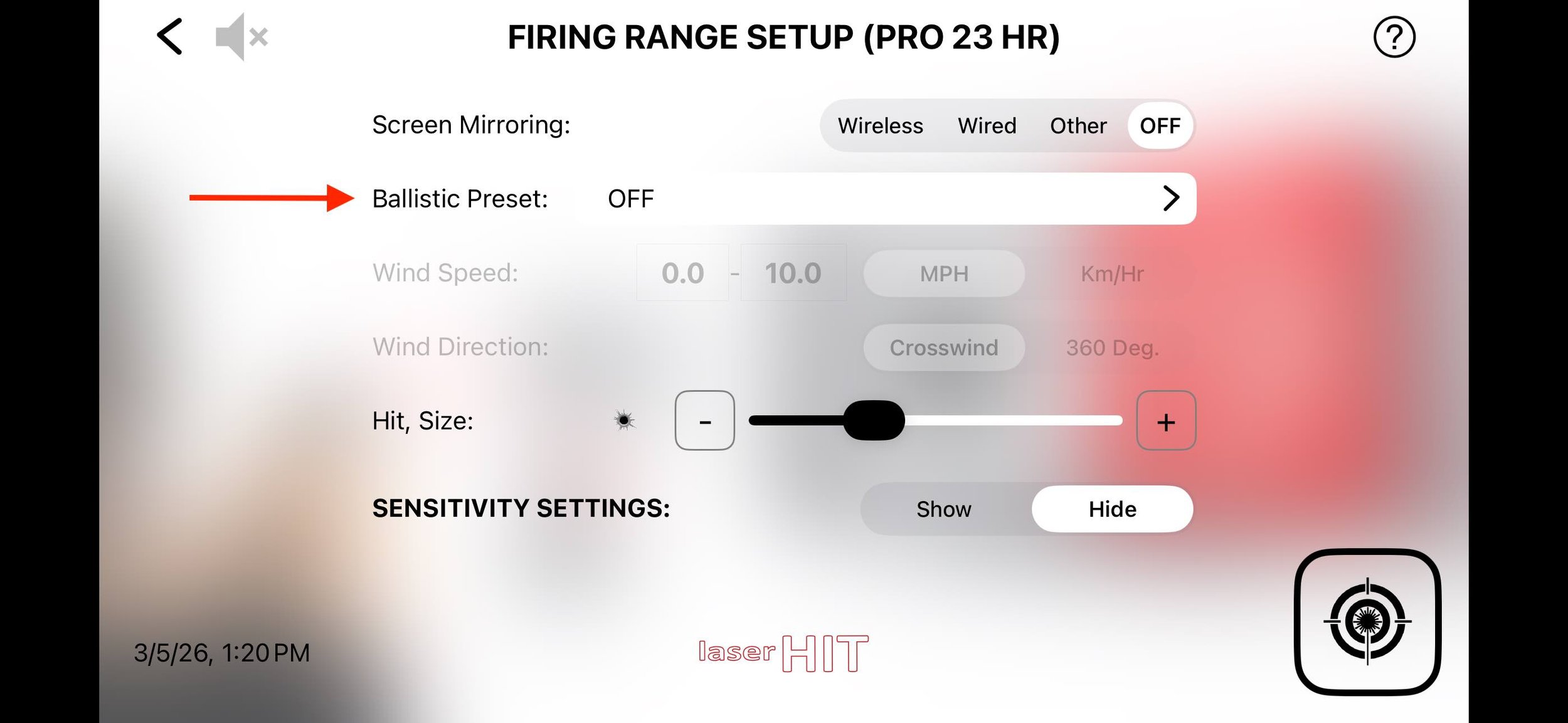 LaserHIT app Firing Range Setup screen showing Ballistic Preset option switched off before enabling ballistic training.