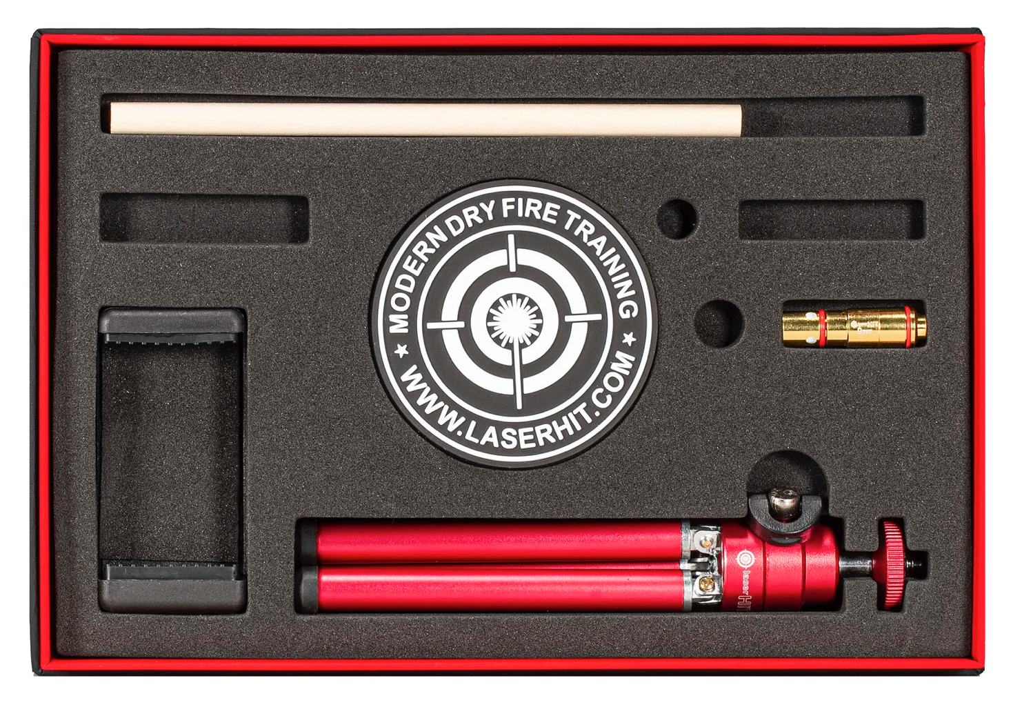 LaserHIT HERITAGE dry fire training kit with laser cartridge, tripod, target, wireless X adapter.