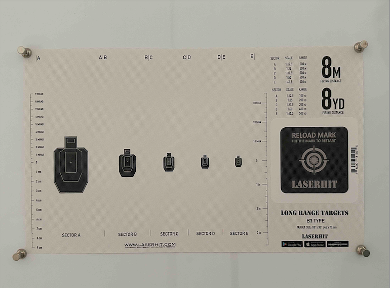 LaserHIT rifle training target securely mounted to a wall for repeatable indoor dry-fire practice.
