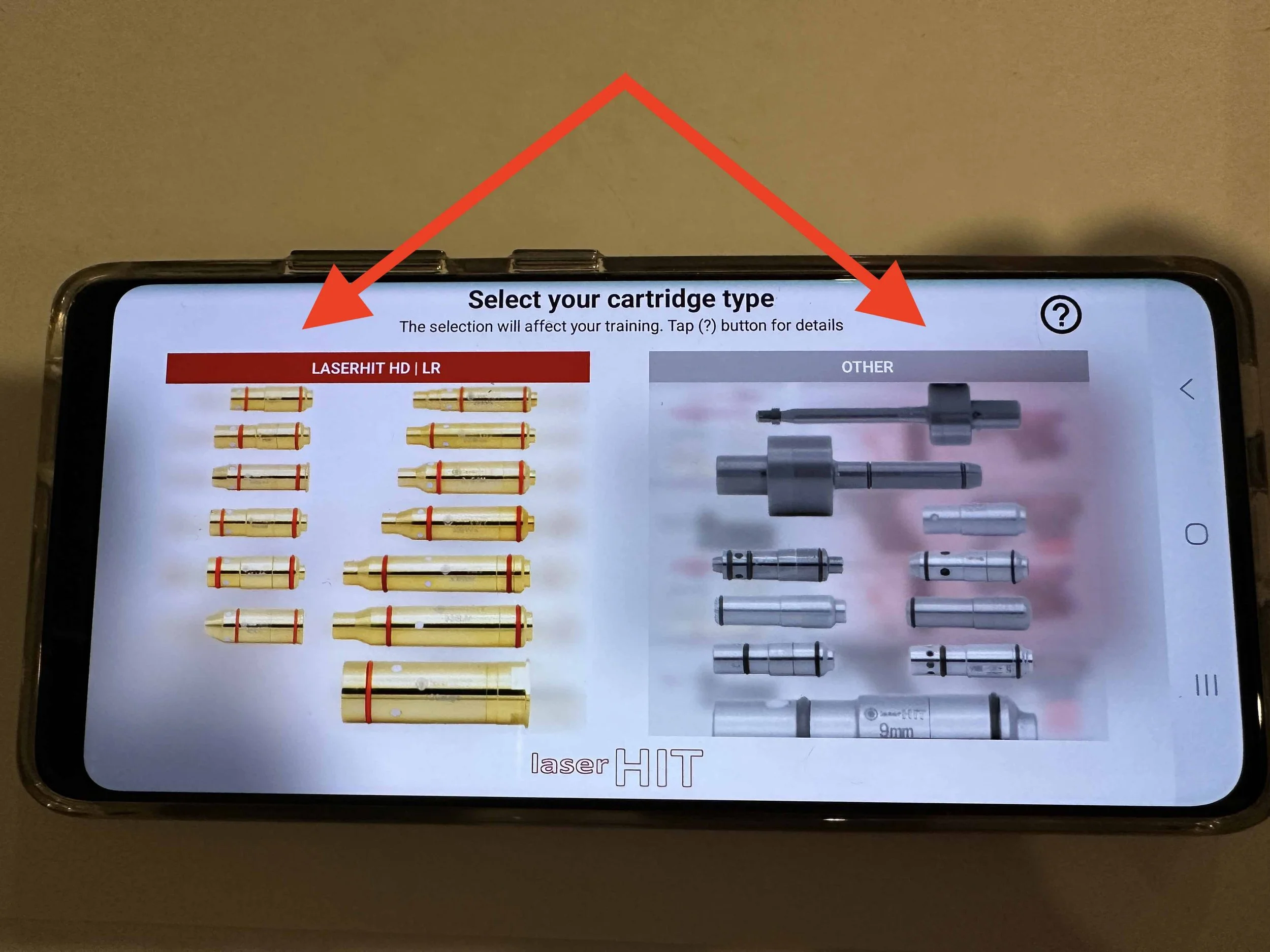 LaserHIT Android cartridge selection screen for choosing the correct laser cartridge type.