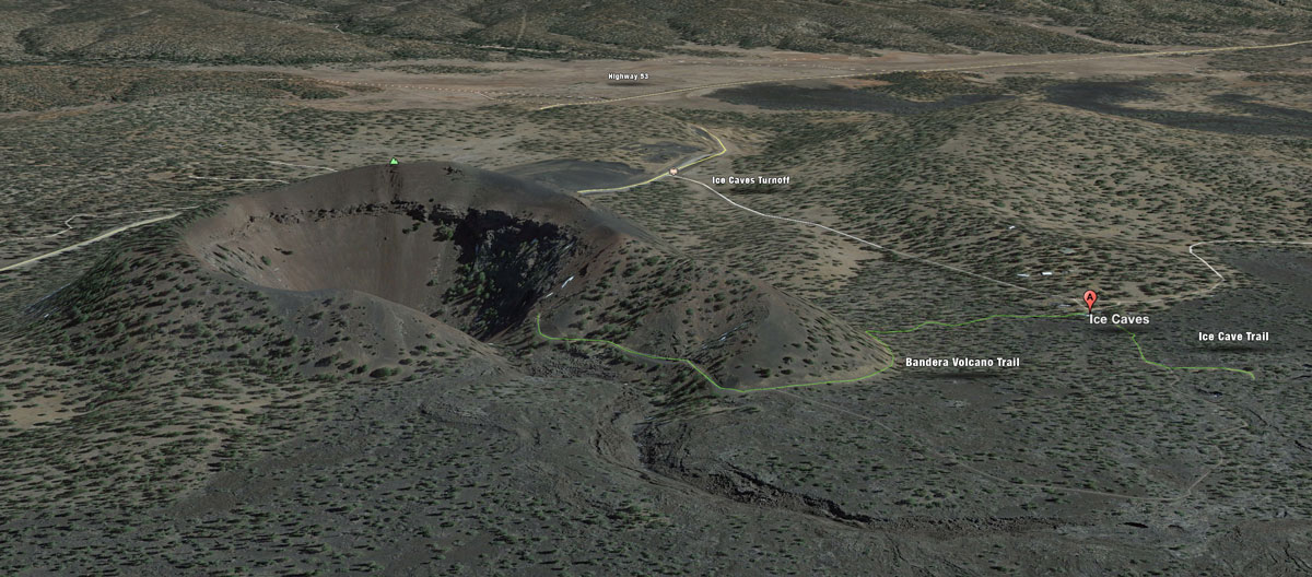 A map of the path to both the Ice Cave and Bandera Volcano.