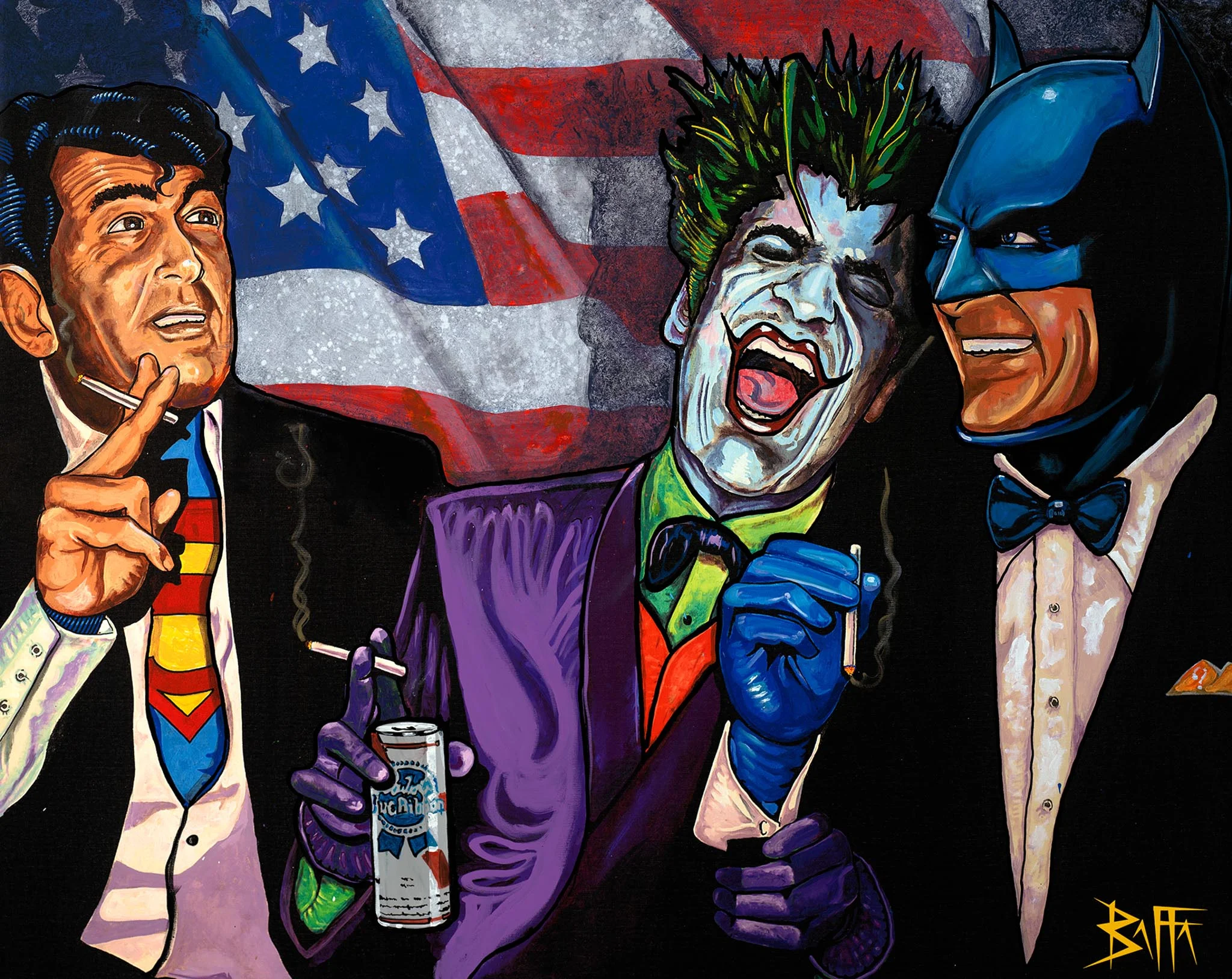 "I try to take popular cultural icons and boil them down to the essence of that particular icon, or take that accepted icon and twist it, combine it, or mutate it" . "The Bat Pack" is a great example of his work hitting all the points.