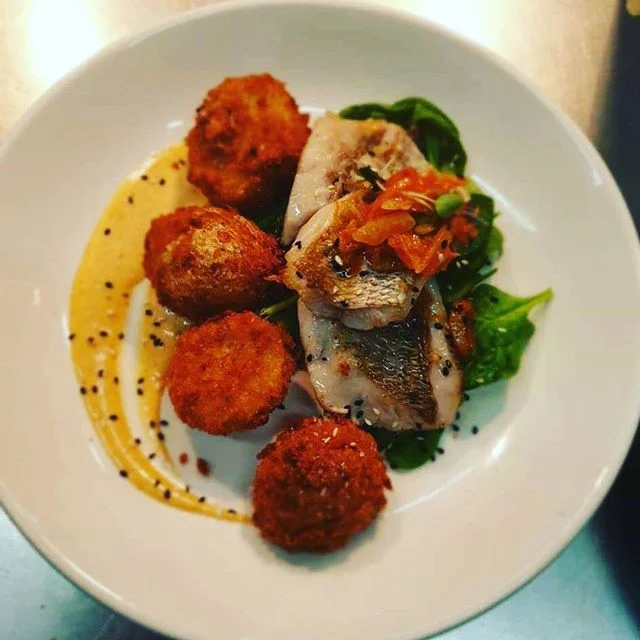 Today’s Fish of the Day: Pan-Seared Snapper served on Panko crumbed potatoes, Sriracha Mayo, & Baby Spinach, topped with Kimchi! On today and tomorrow night. 👌👌