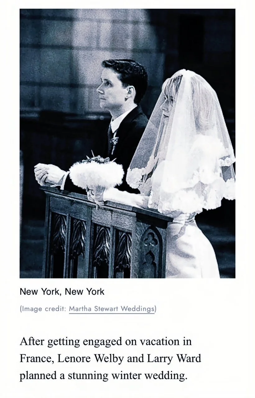Black and white photo of a bride and groom at their wedding, standing side by side at a wooden wedding altar, inside a church. The bride is wearing a veil and holding a bouquet, while the groom is dressed in a suit.