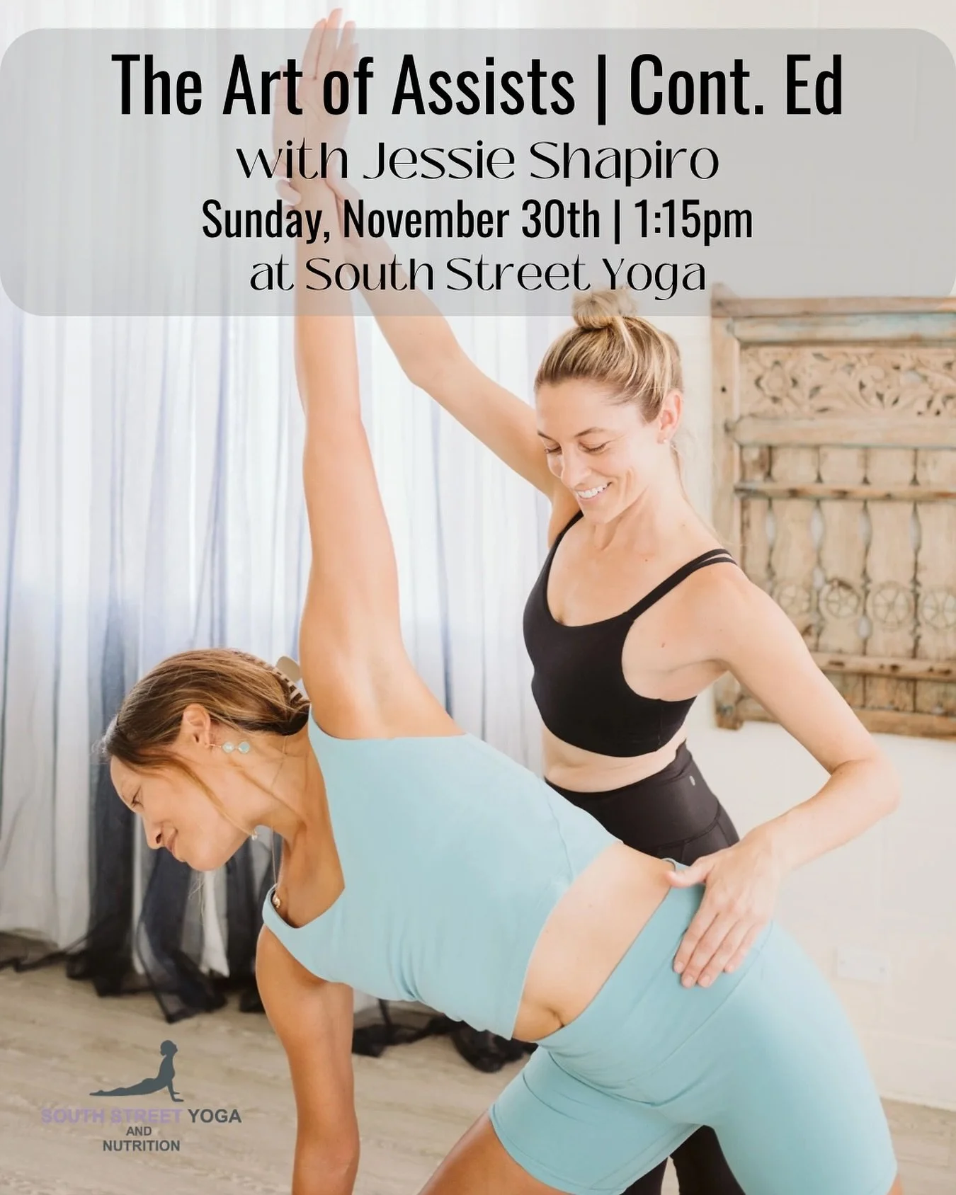 Calling NJ Yoga Teachers!

The Art of Assists:
A Continuing Education Course for Yoga Teachers About Hands-On Assists

In this 90 minute training, Jessie will educate you on the importance of hands-on assists and adjustments, the difference between t
