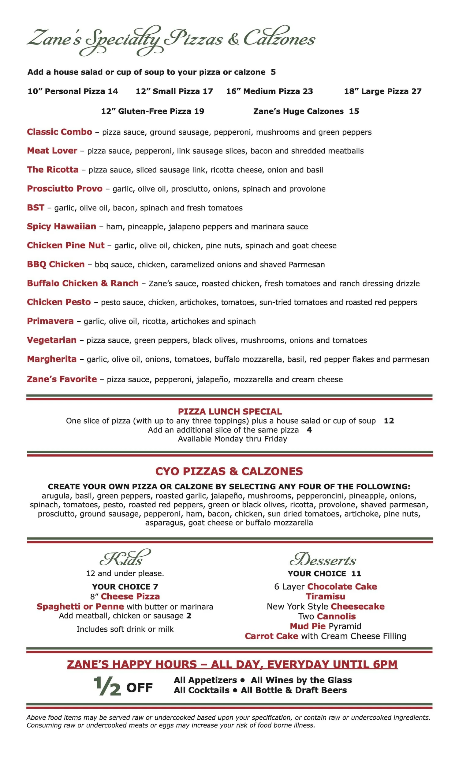 Lunch Menu — Zane's Italian Bistro