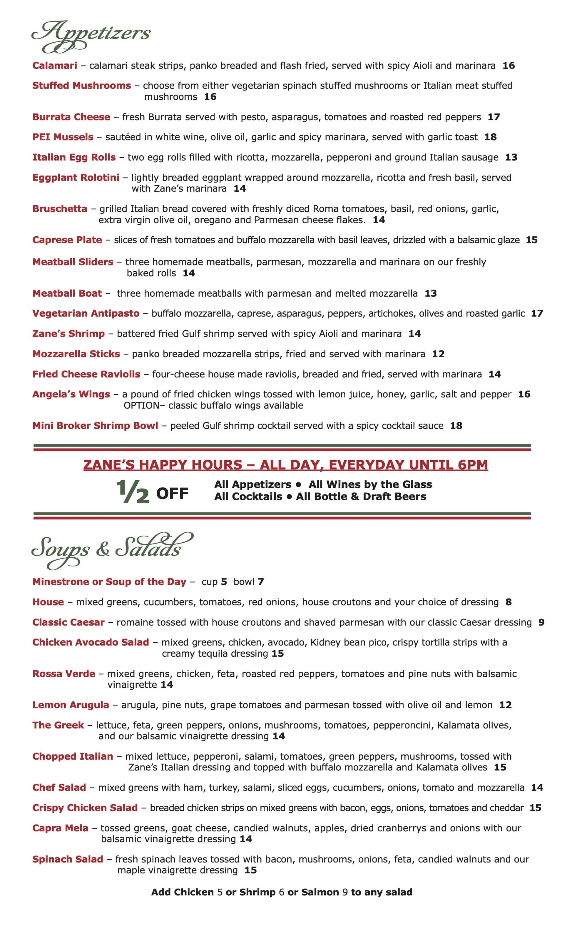 Lunch Menu — Zane's Italian Bistro