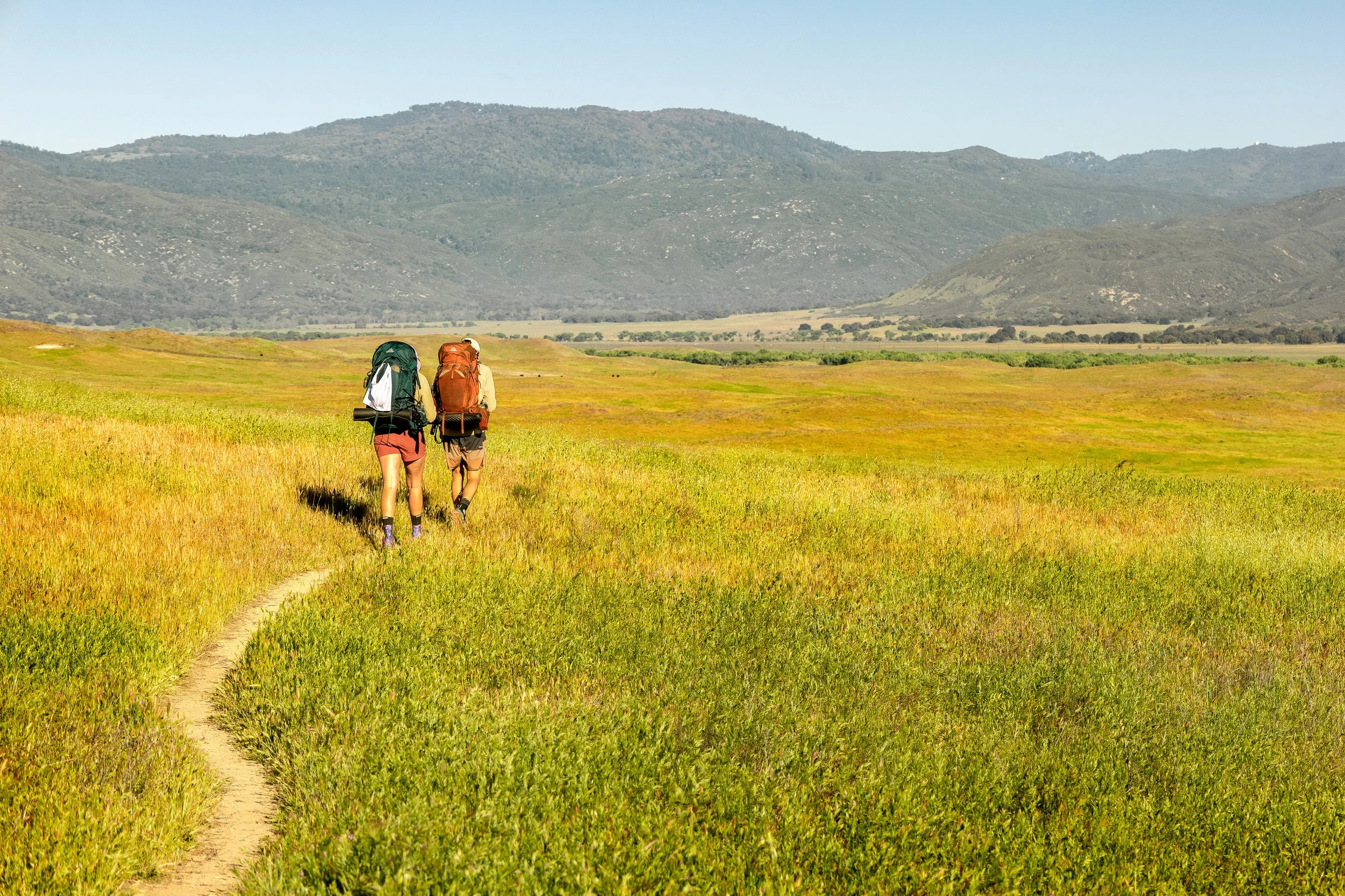 Two hikers walking along a dirt trail through a grassy field, with mountains in the background.