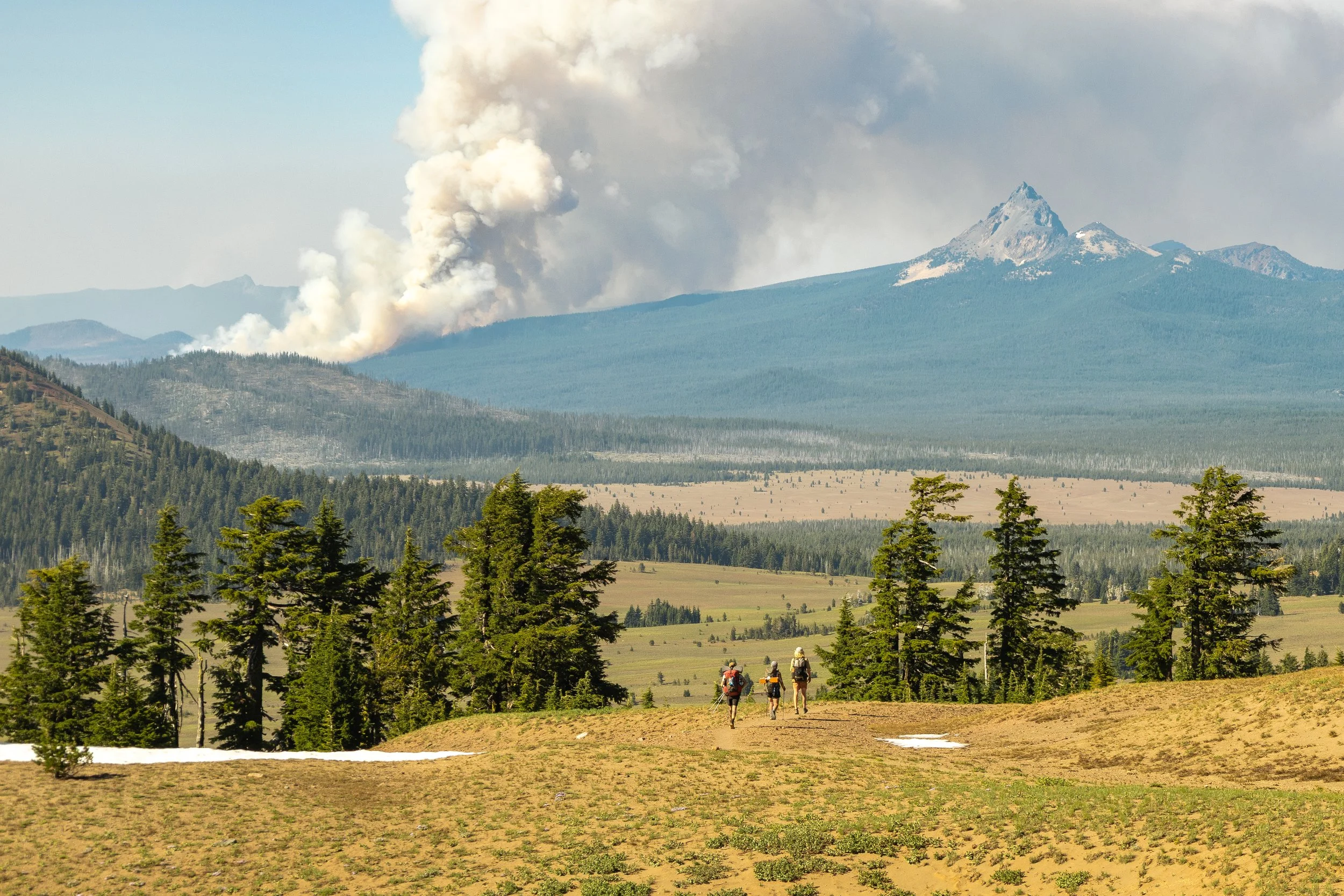 Four hikers walking on a trail in a forested mountain area with a smokestack emitting smoke in the background