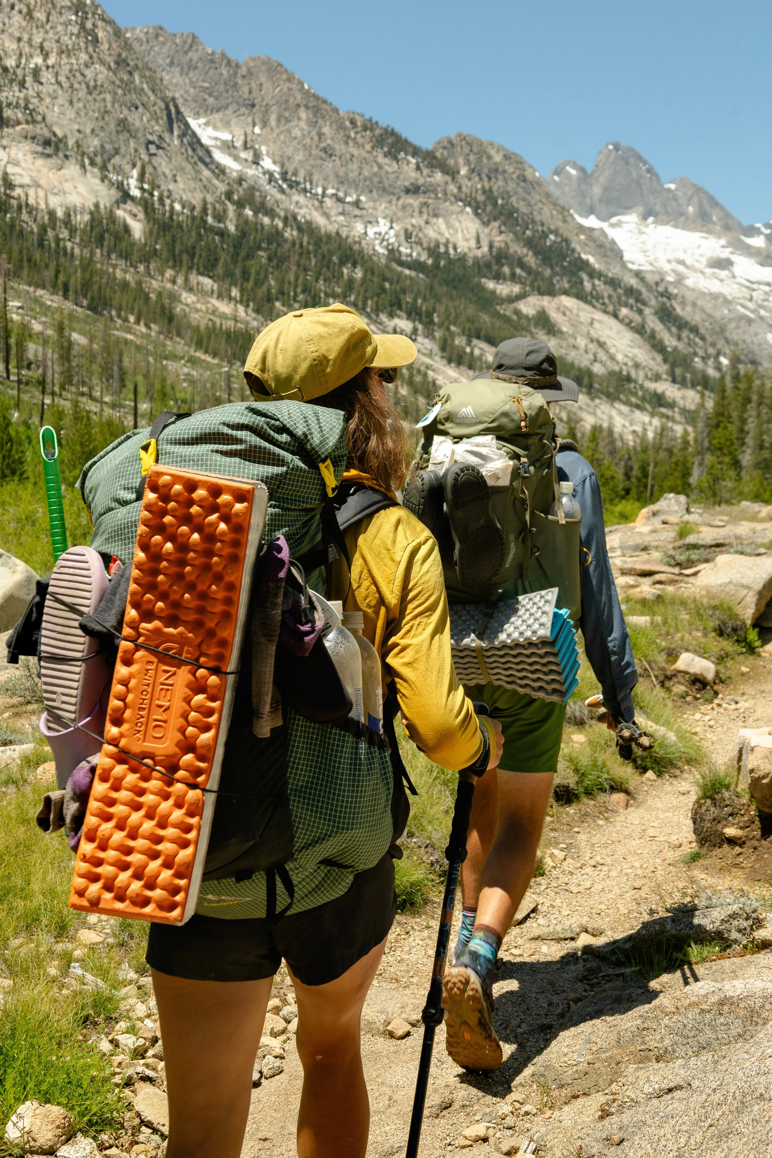 A group of hikers walking along a mountain trail surrounded by rocky terrain and forested slopes under a clear blue sky, with snow-capped peaks in the background.