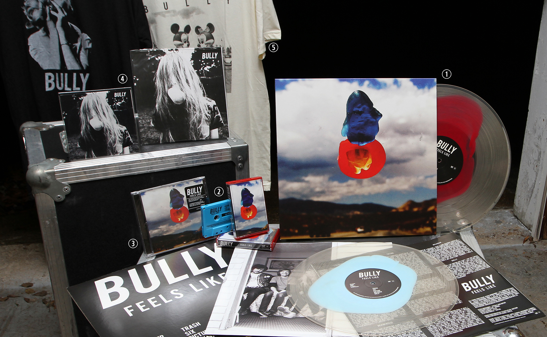 (1) Feels Like Vinyl LP // Columbia/Startime 2015 (2) Feels Like Cassette // Columbia/Startime 2015 (3) Feels Like CD // Columbia/Startime 2015 (4) Bully EP CD & 45” // Self Released 2014 (5) Various T-Shirts