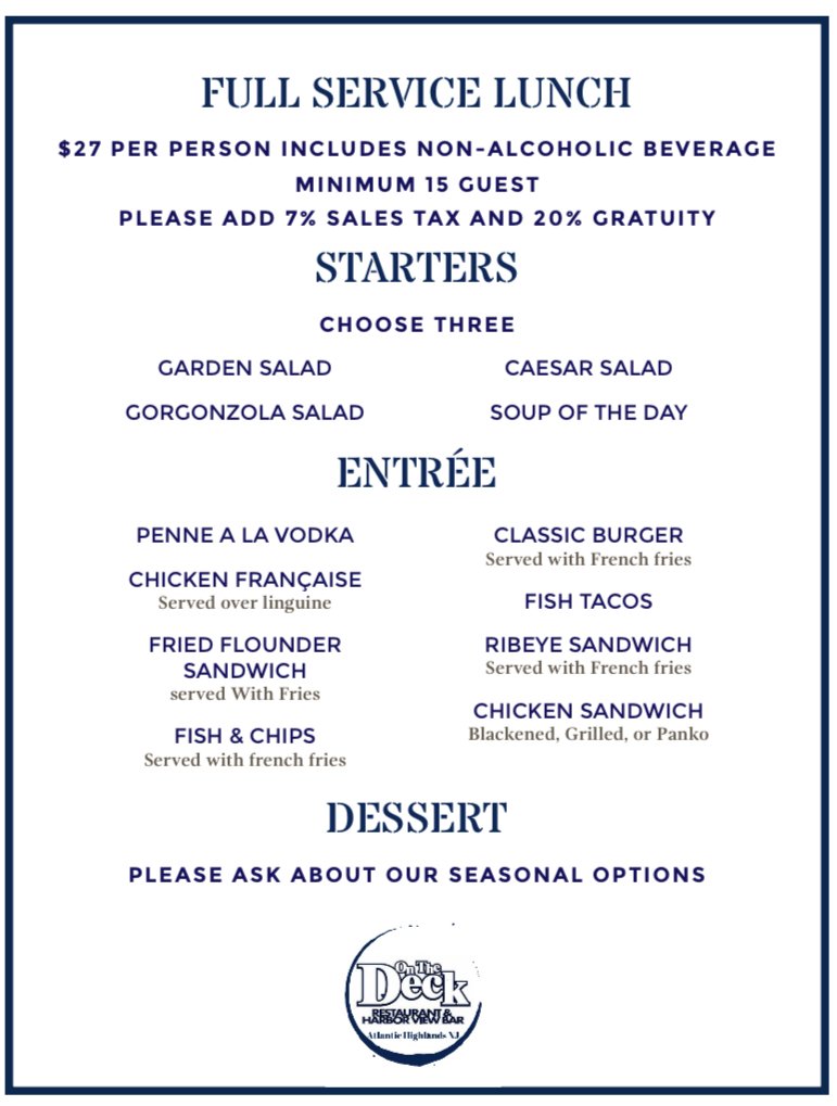 Private Party Menu — On The Deck Restaurant &Harbor View Bar
